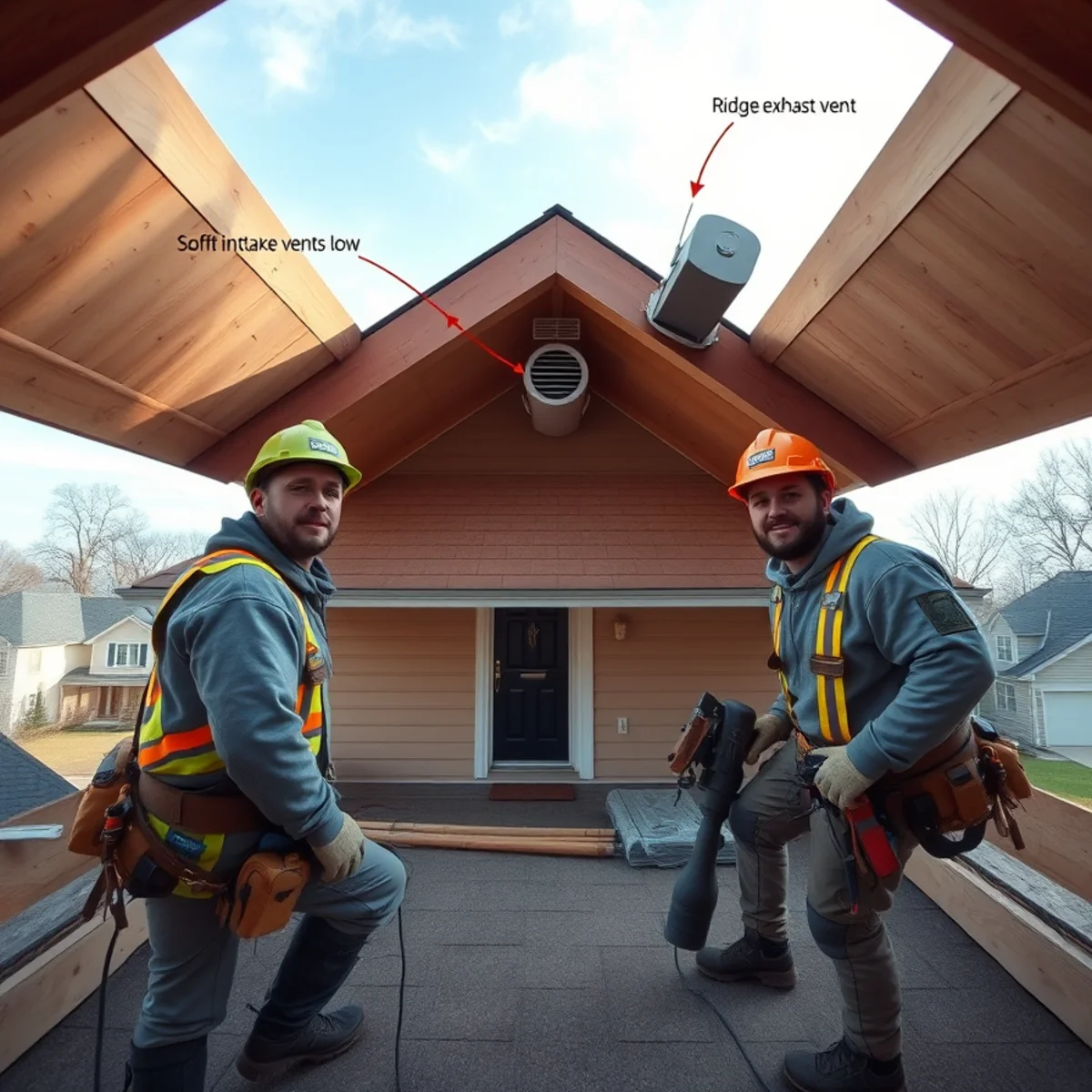 Diagram-style photo of balanced attic ventilation with ridge and soffit vents on an Indiana home