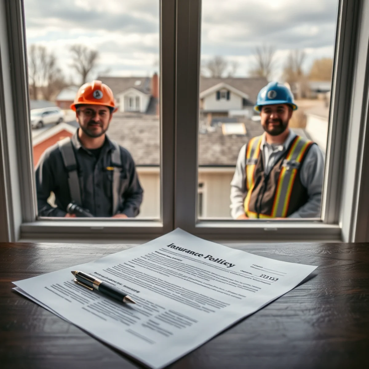 Insurance policy documents beside a storm-damaged roof in Indiana
