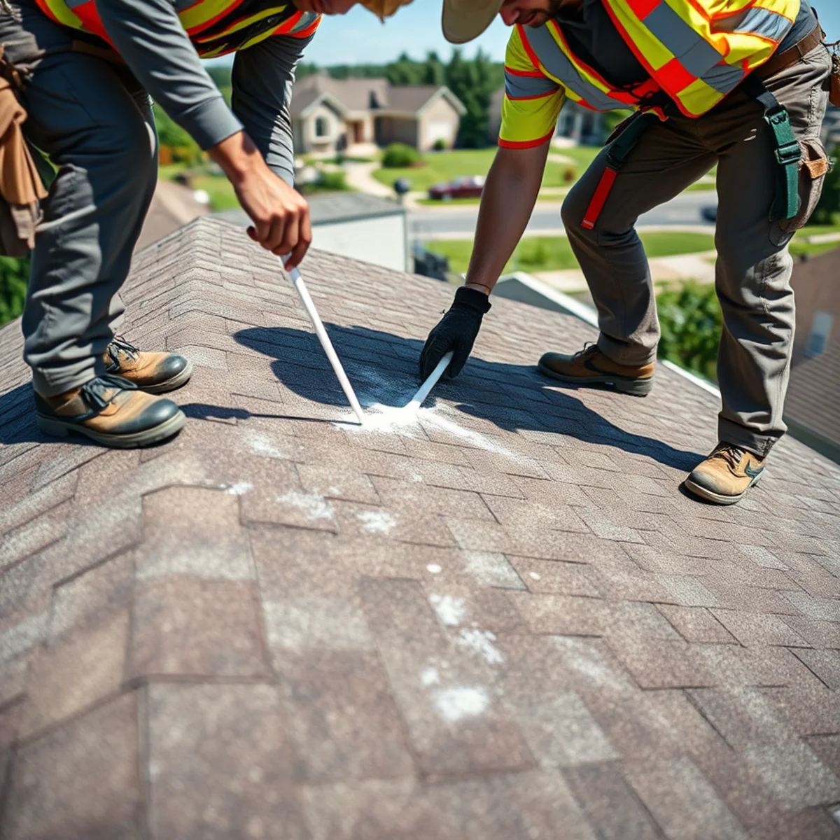 Roofer marking hail impact points during a roof inspection in Indiana