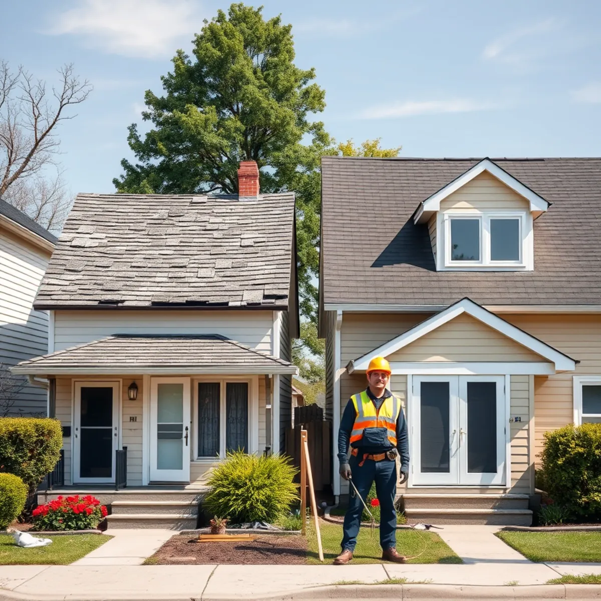 Aging asphalt shingle roof next to a newer roof on Indiana homes
