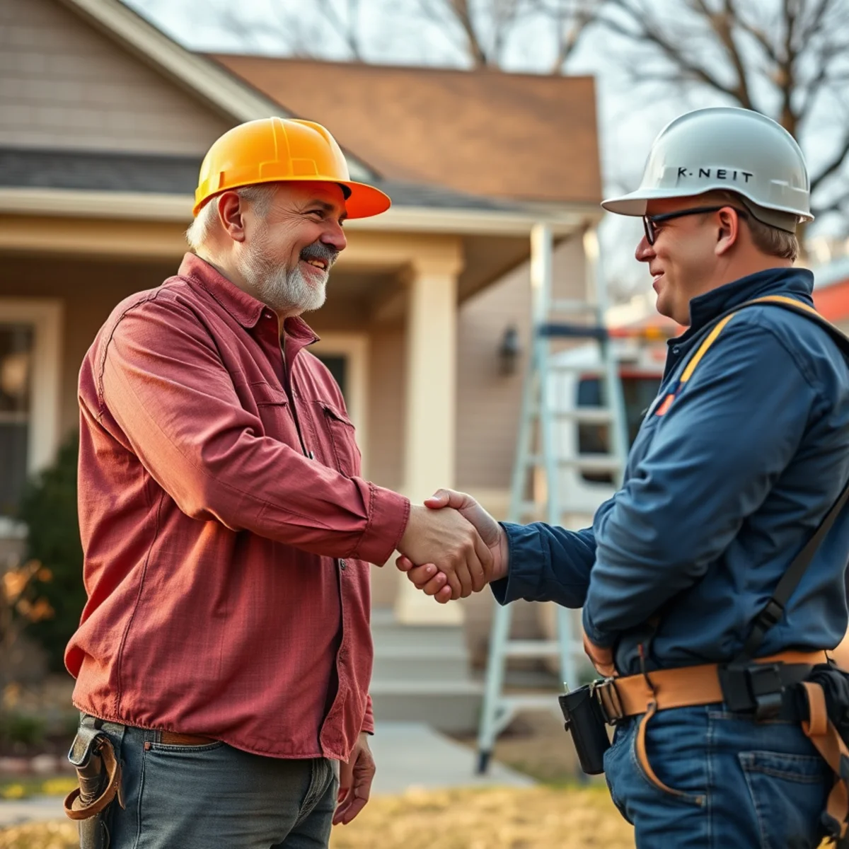 Homeowner shaking hands with a trustworthy local roofing contractor in Indiana