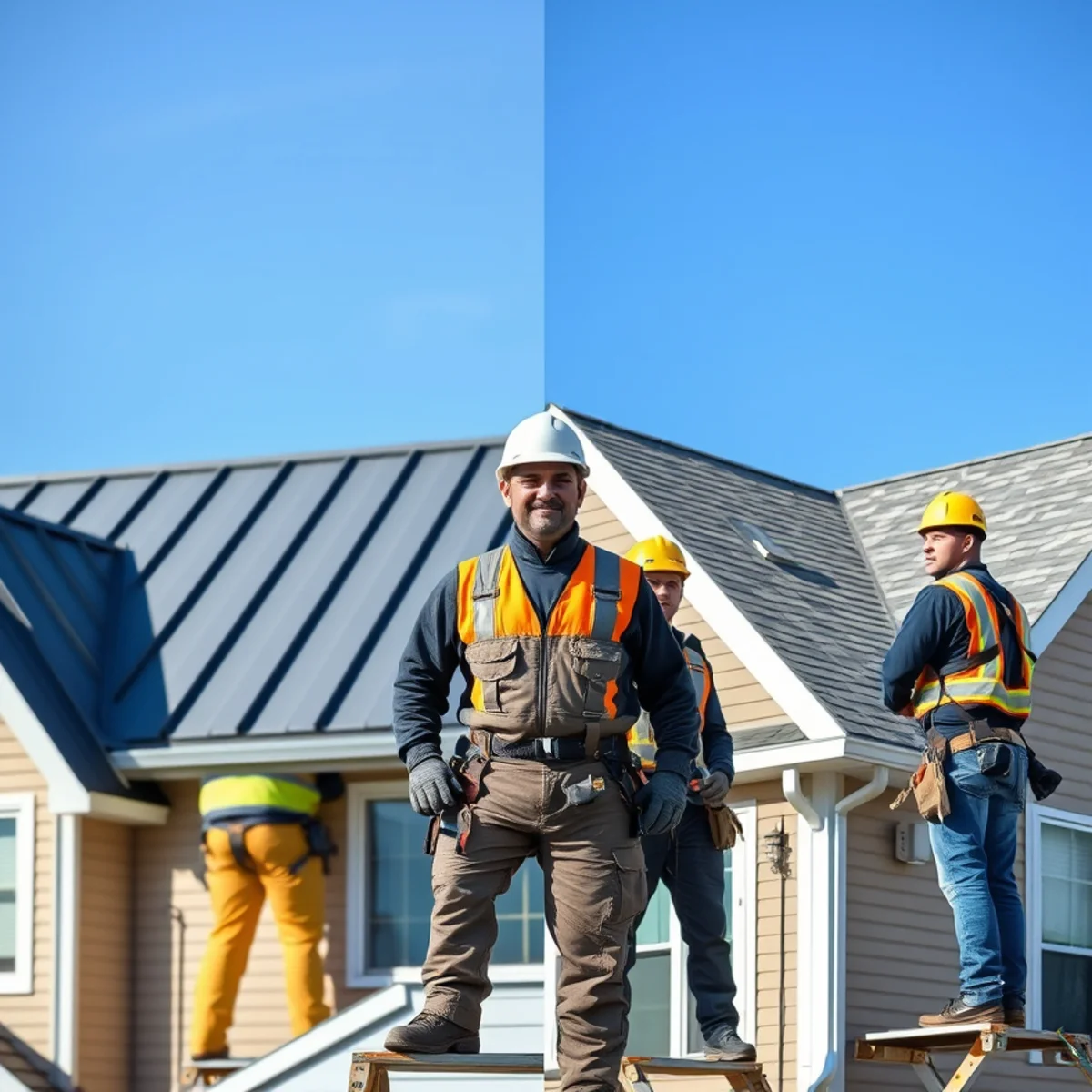 Side-by-side of a standing seam metal roof and an asphalt shingle roof in Indiana
