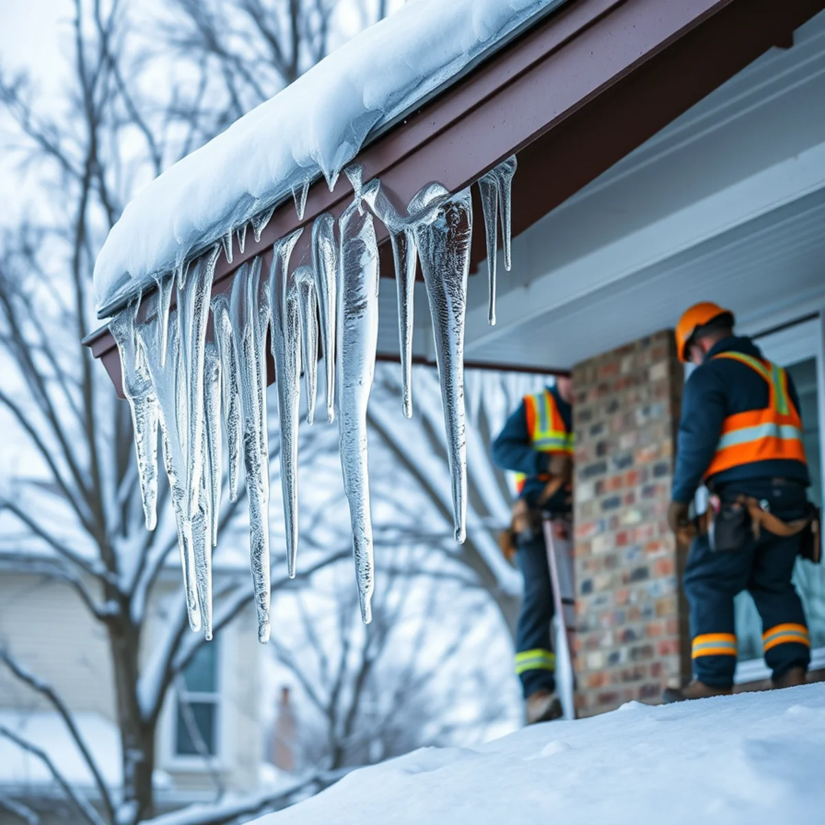Ice dam forming along the eaves of an Indiana home's roof in winter