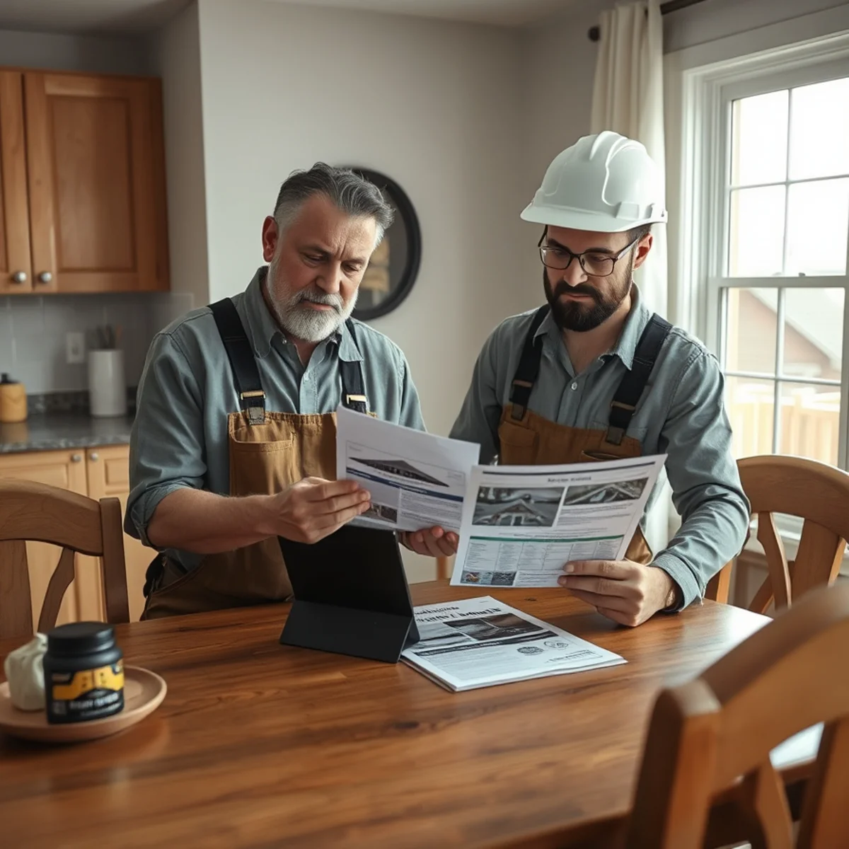 Homeowner and roofer reviewing roof insurance claim paperwork in Indiana