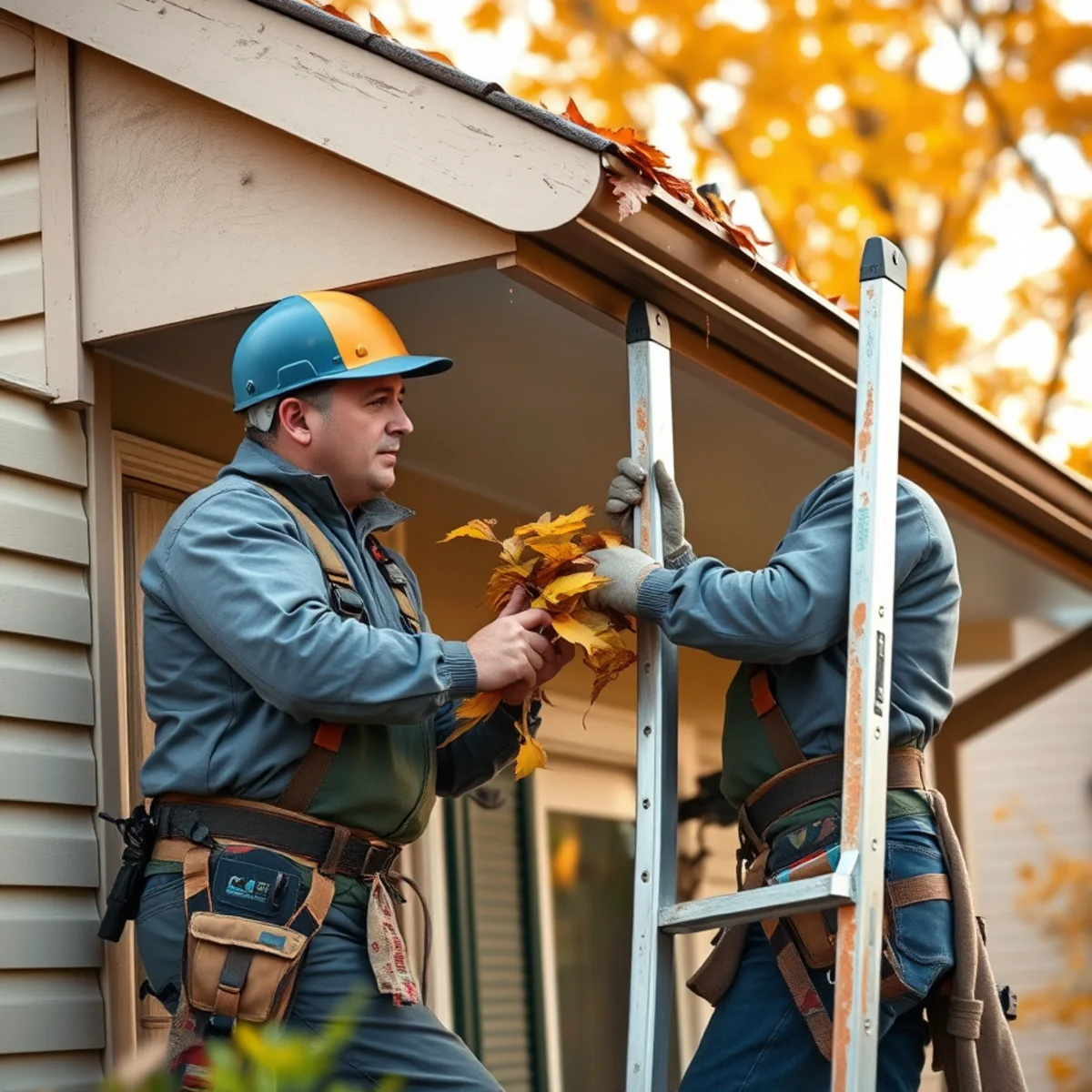 Roofer cleaning gutters and checking flashing during seasonal roof maintenance in Indiana