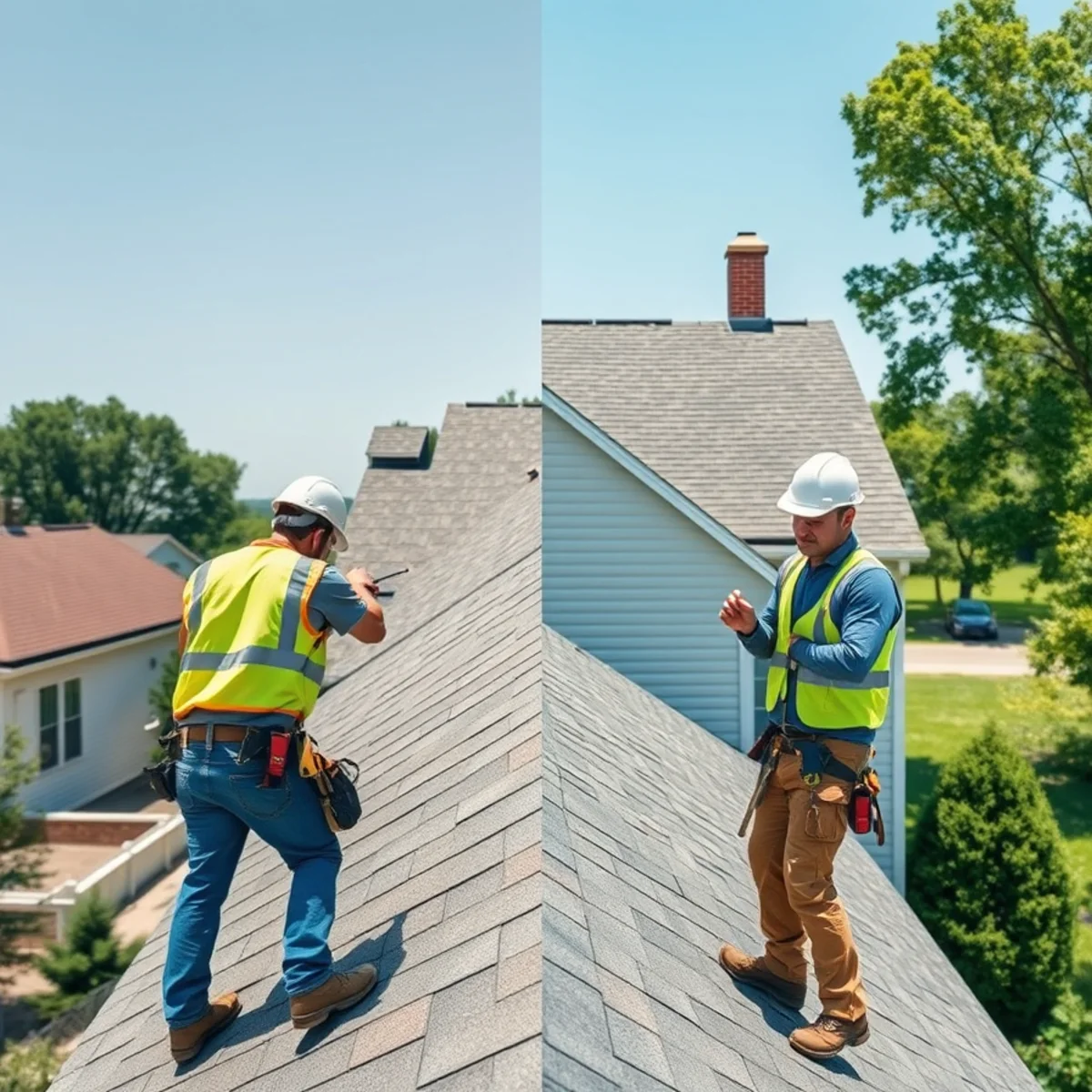Split view of a repaired roof section next to a fully replaced roof on an Indiana home