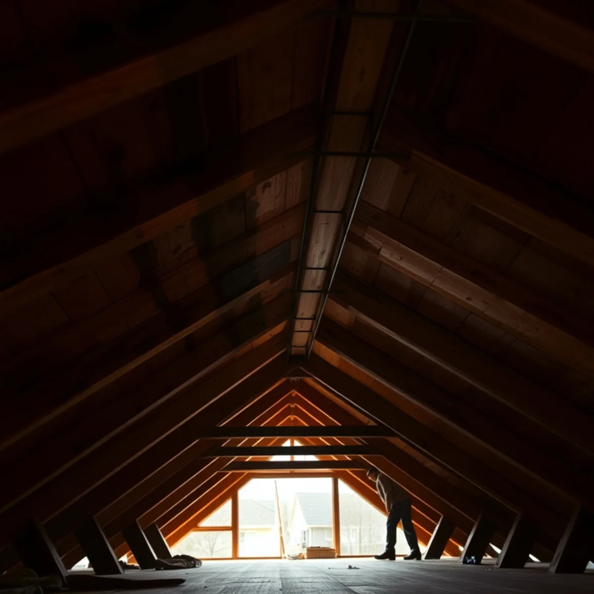 Daylight and water stains visible on the underside of a home's roof deck