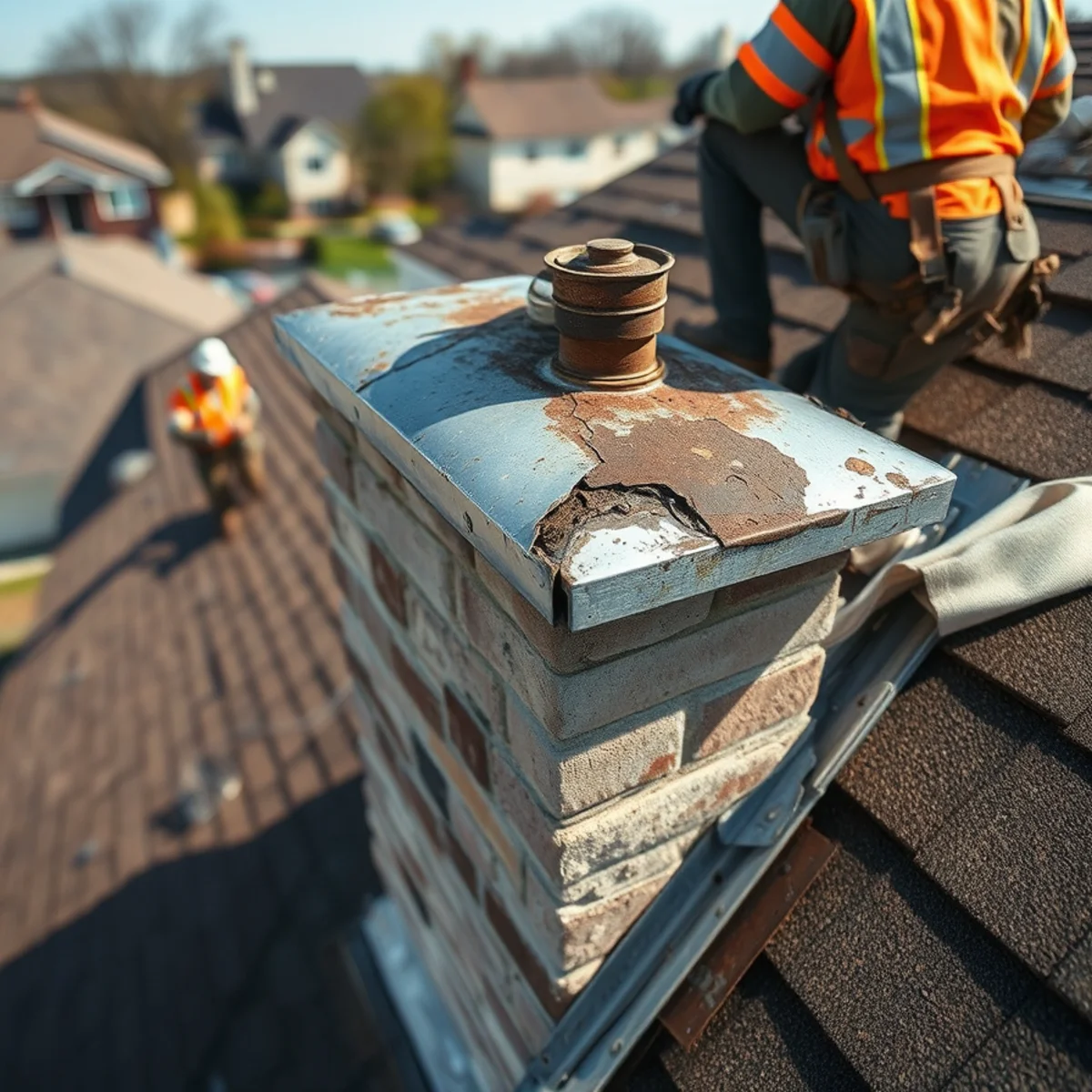 Failed roof flashing around a chimney on an Indiana home