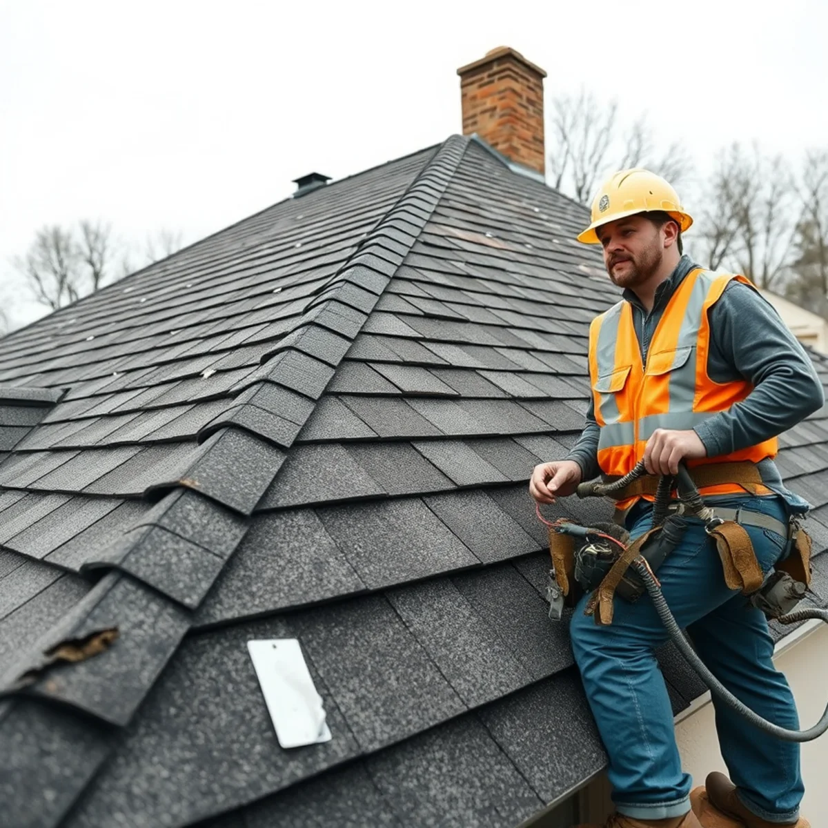 Close-up of curling, aged asphalt shingles signaling a roof needs replacement