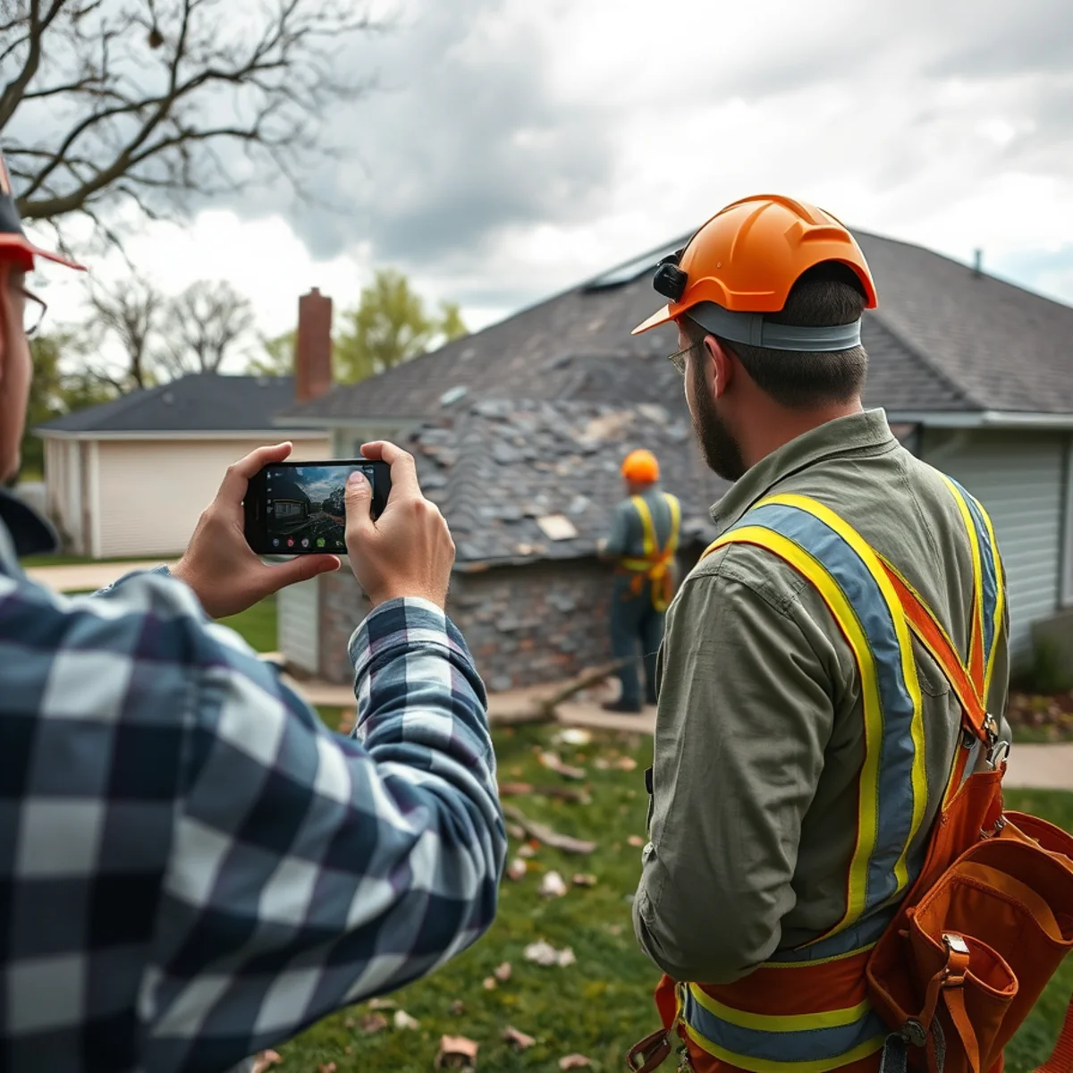 Homeowner photographing storm damage on a roof after an Indiana thunderstorm