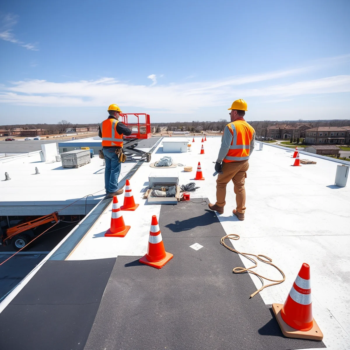 Commercial TPO roof installation on an Indiana business building