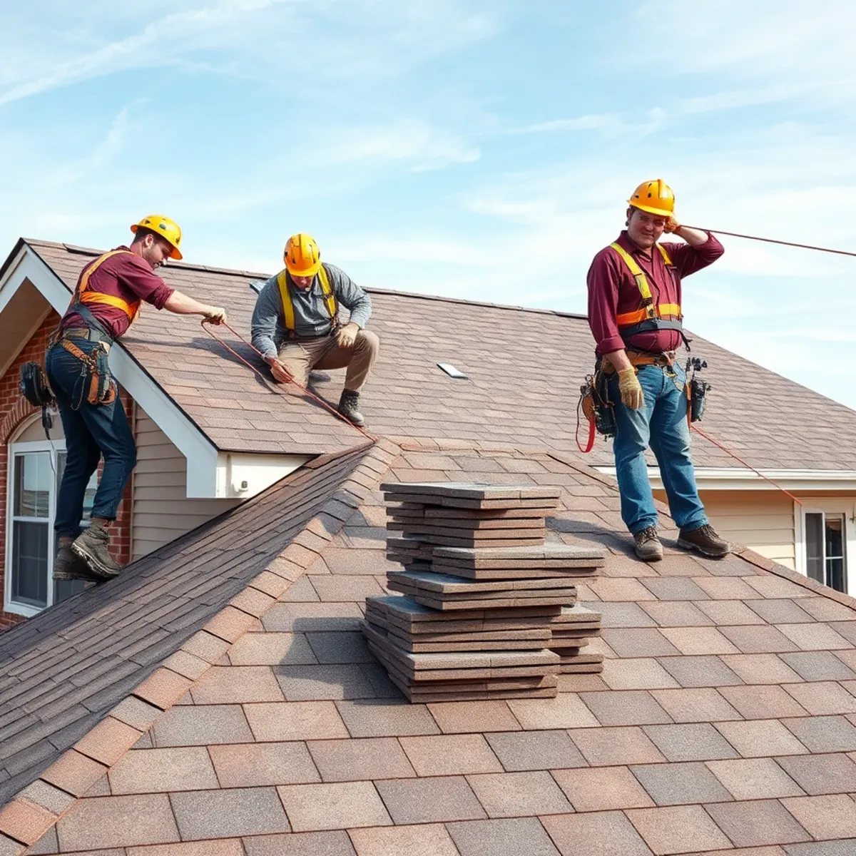 Roofing crew replacing a subdivision home roof in Avon, Indiana