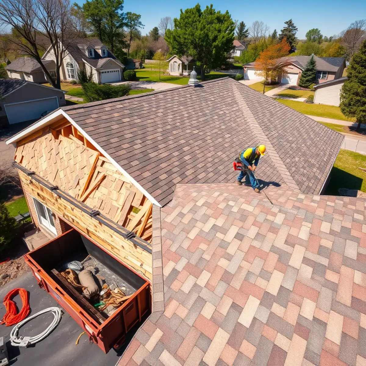Guardian Roofing crew installing a new architectural shingle roof on an Indiana home
