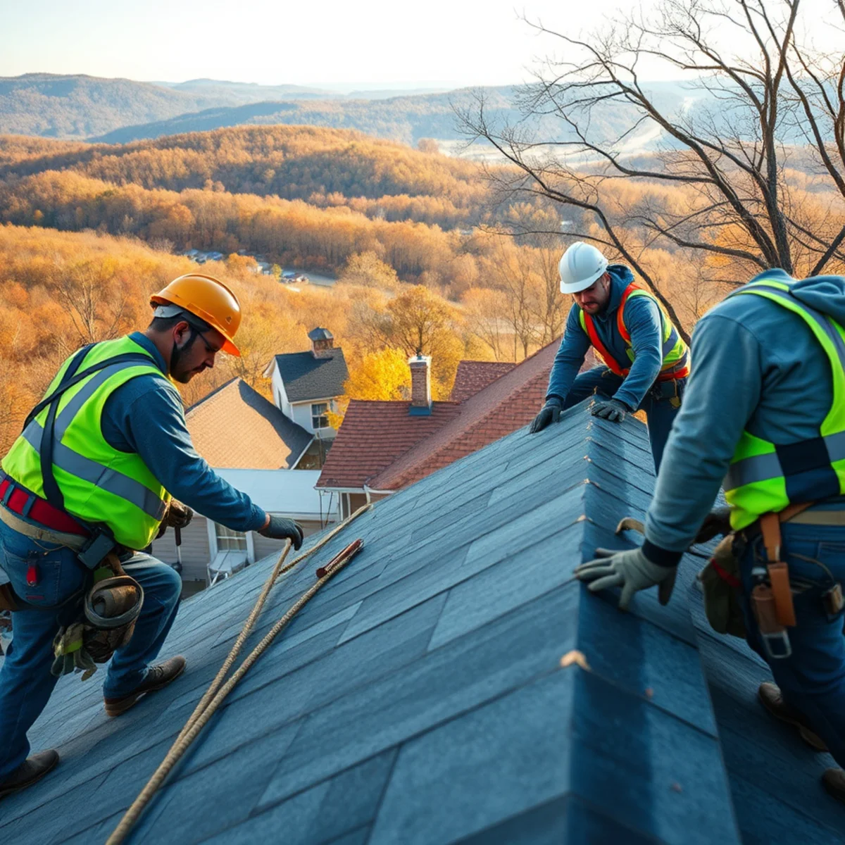 Guardian Roofing providing roofing services on a home in Aurora, Indiana